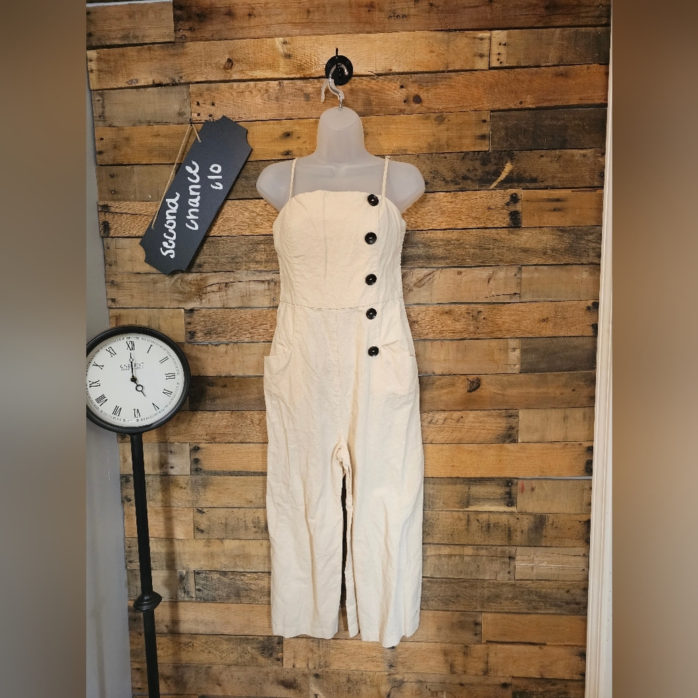 Mystic Los Angeles Women's Cream Linen Crop Jumpsuit Size M